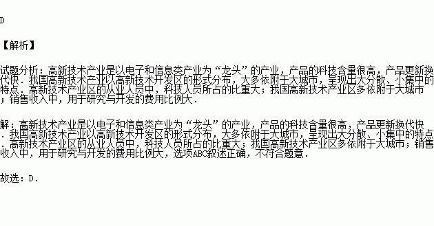 下列敘述.不屬于高新技術(shù)產(chǎn)業(yè)特點(diǎn)的是 a.從業(yè)人員中科技人員比重大b.研究和開發(fā)經(jīng)費(fèi)所占比例大c.產(chǎn)品的技術(shù)復(fù)雜程度高d.主要分布在各種礦產(chǎn)資源豐富的地區(qū) 題目和參考答案